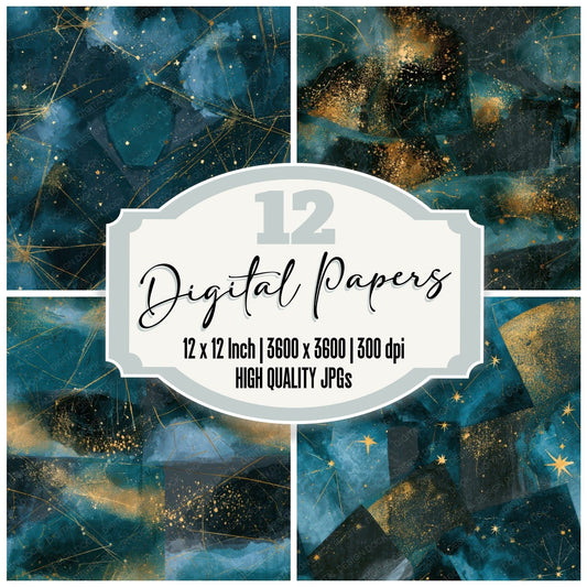 Watercolour Constellations Teal Brass Seamless Digital Paper Pack (DDD012780)