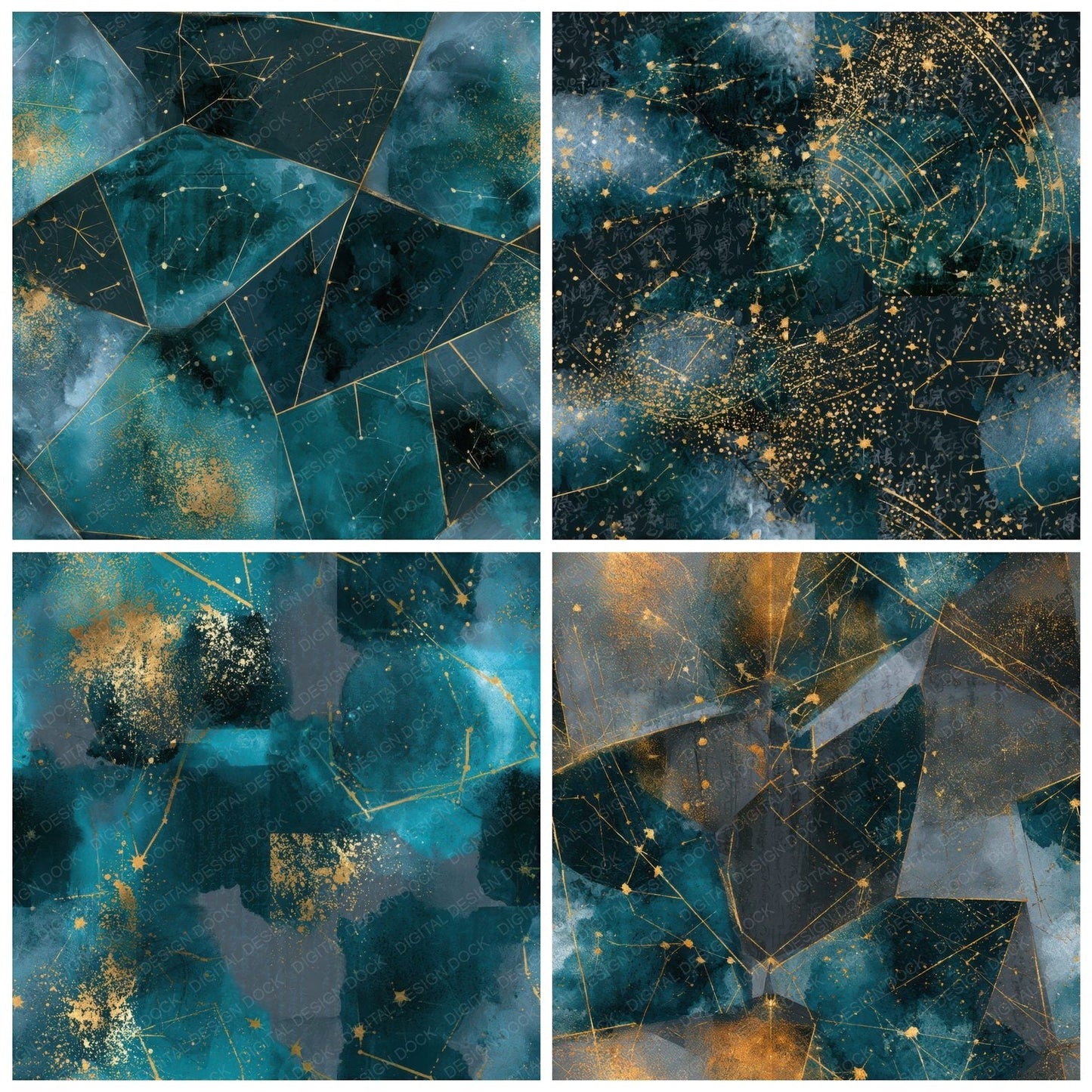 Watercolour Constellations Teal Brass Seamless Digital Paper Pack (DDD012780)