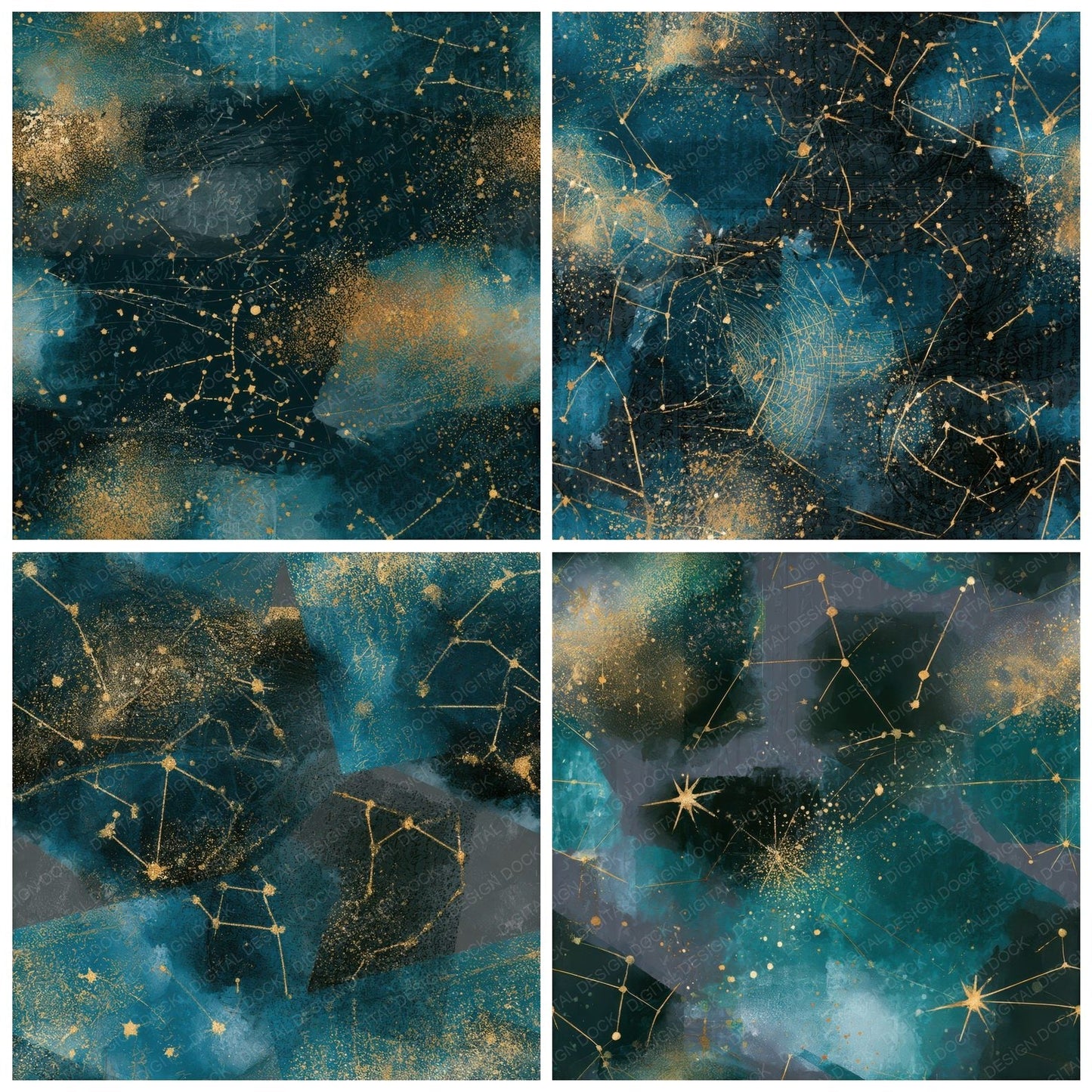 Watercolour Constellations Teal Brass Seamless Digital Paper Pack (DDD012780)