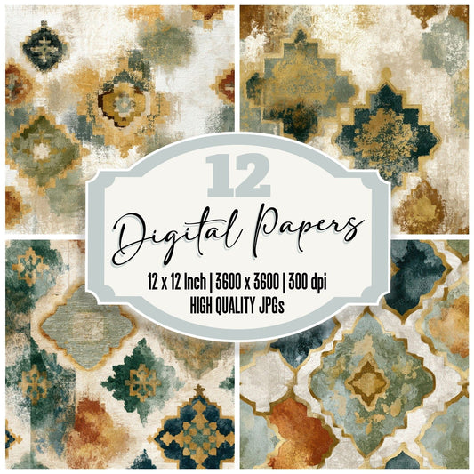 Watercolour Persian Rug Tobacco Sage Seamless Digital Paper Pack (DDD012781)