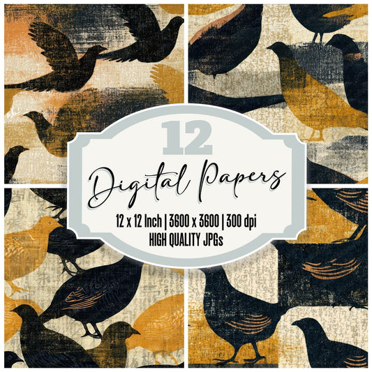 Woodblock Pheasant Mustard Cream Digital Paper Pack (DDD012782)