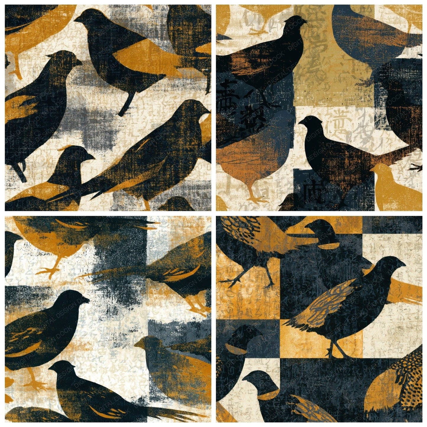 Woodblock Pheasant Mustard Cream Digital Paper Pack (DDD012782)