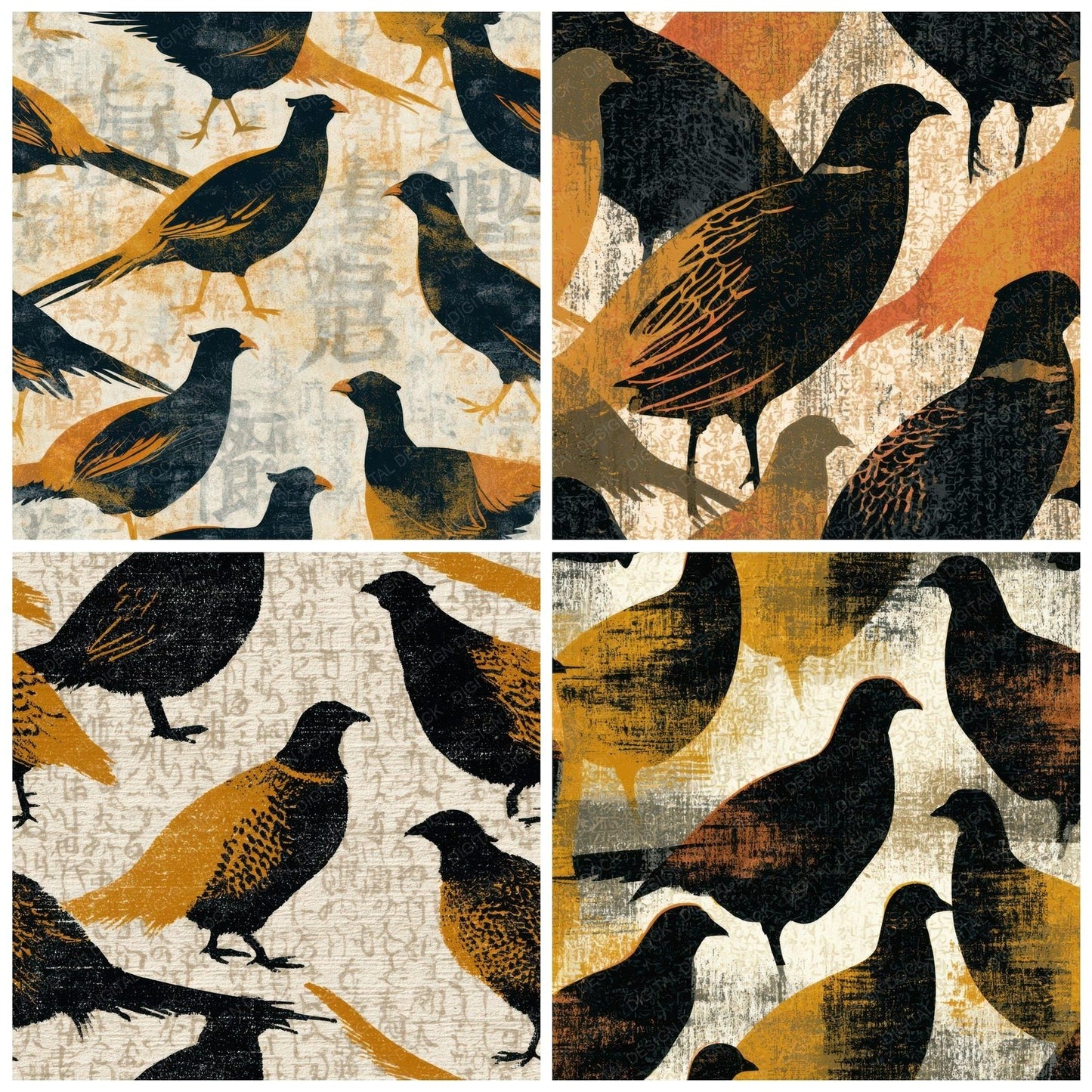 Woodblock Pheasant Mustard Cream Digital Paper Pack (DDD012782)