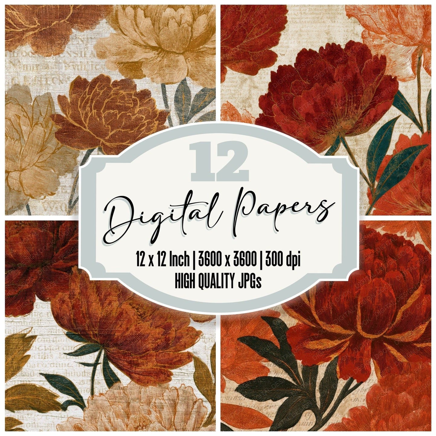 Antique Botanical Peony Rust Digital Paper Pack (DDD012785)