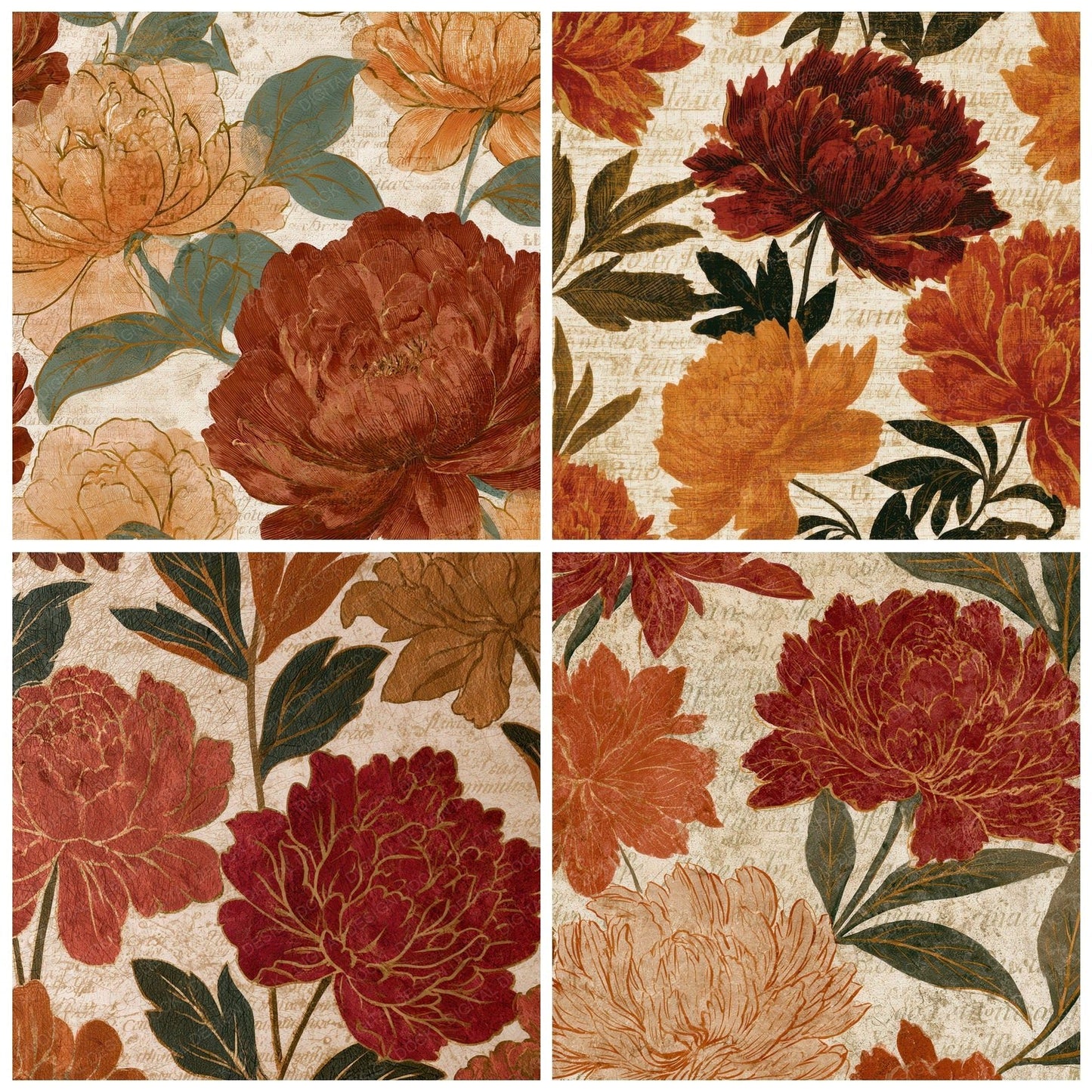 Antique Botanical Peony Rust Digital Paper Pack (DDD012785)