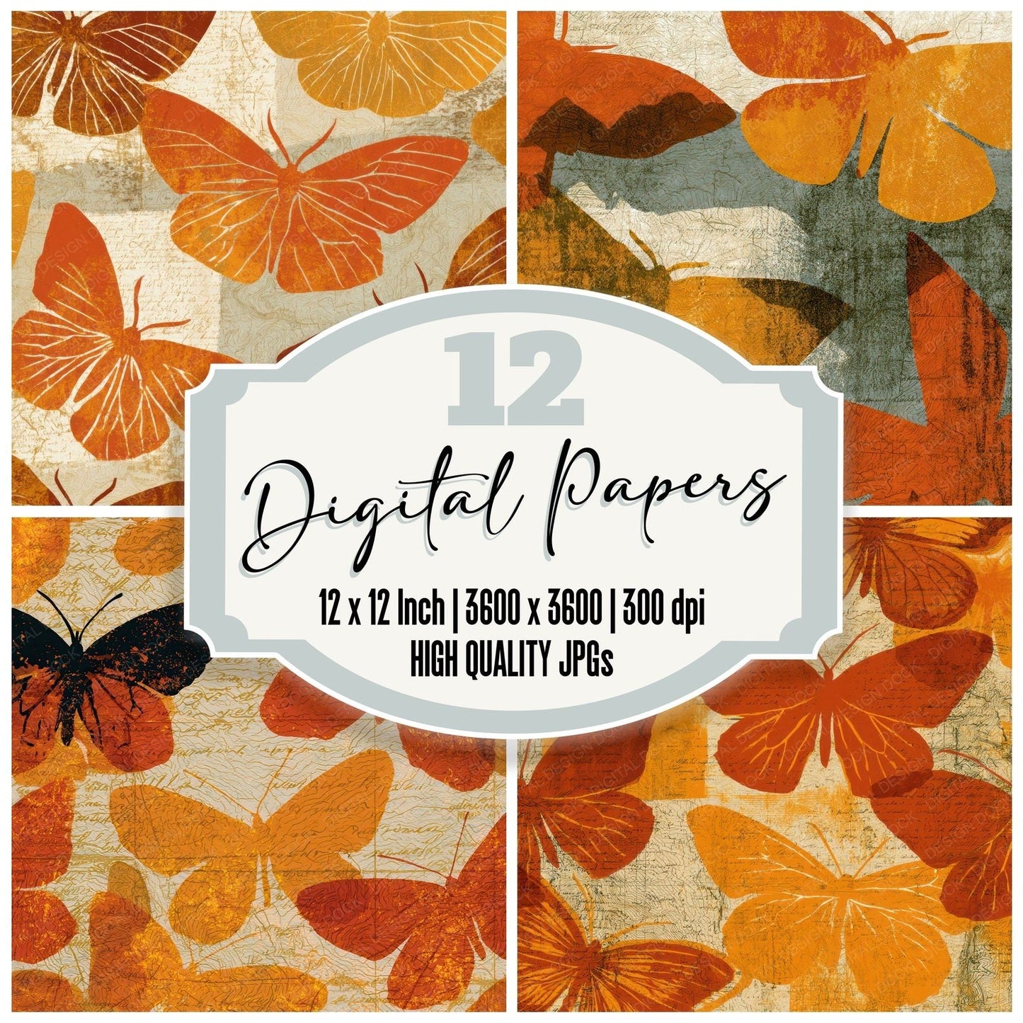 Antique Map Moths Burnt Orange Digital Paper Pack (DDD012786)