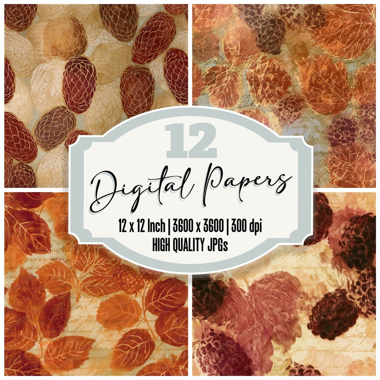 Drypoint Mulberries Rust Gold Seamless Digital Paper Pack (DDD012789)