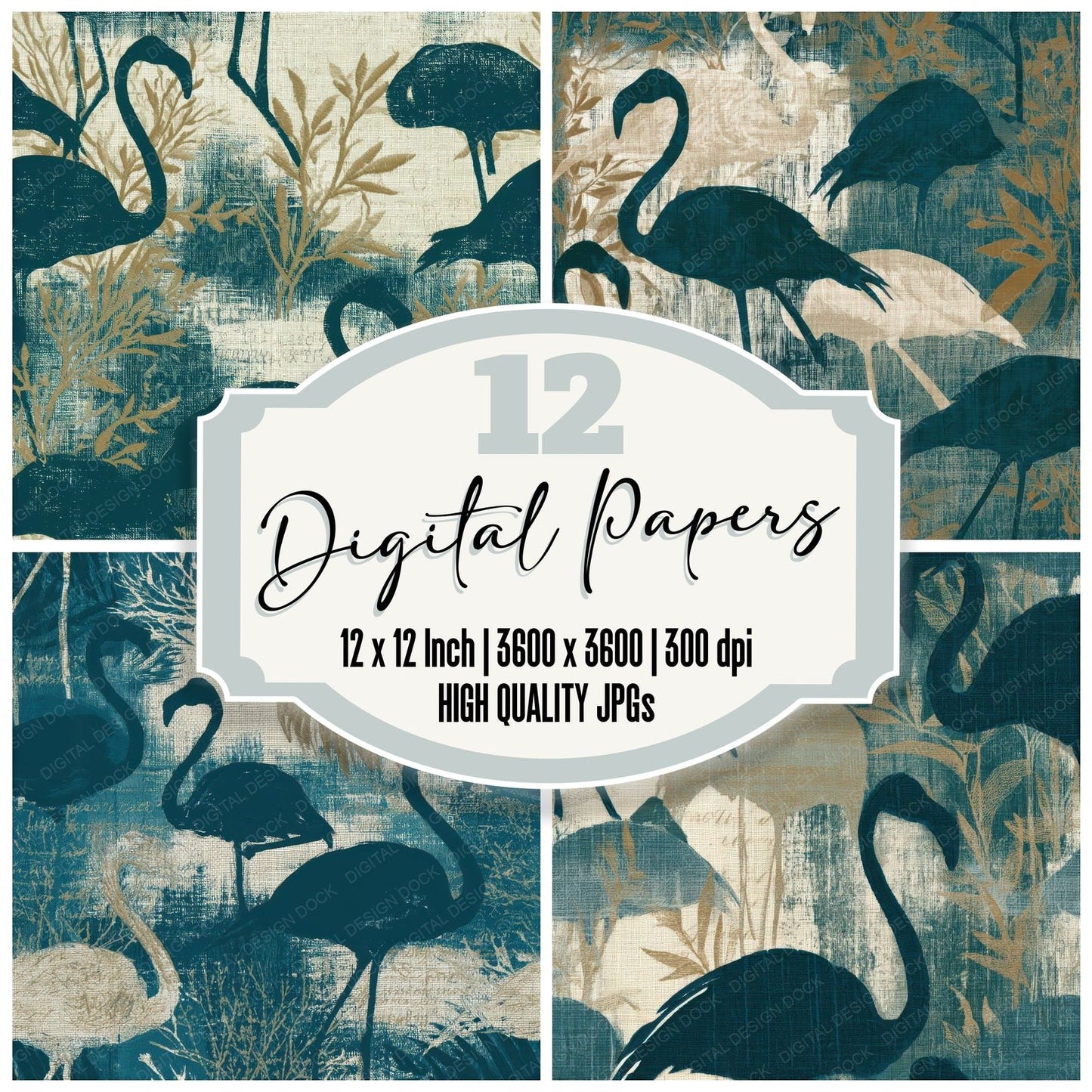 Embroidery Flamingo Teal Bone Seamless Digital Paper Pack (DDD012790)