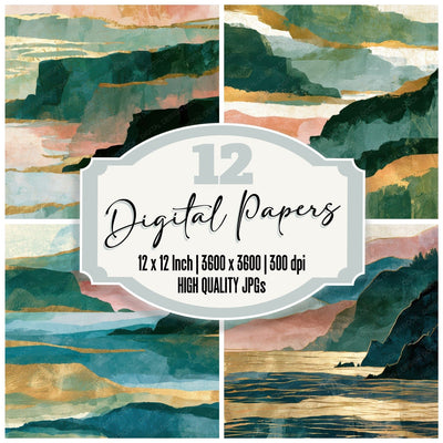Gouache Coastal Cliffs Dewy Green Seamless Digital Paper Pack (DDD012791)