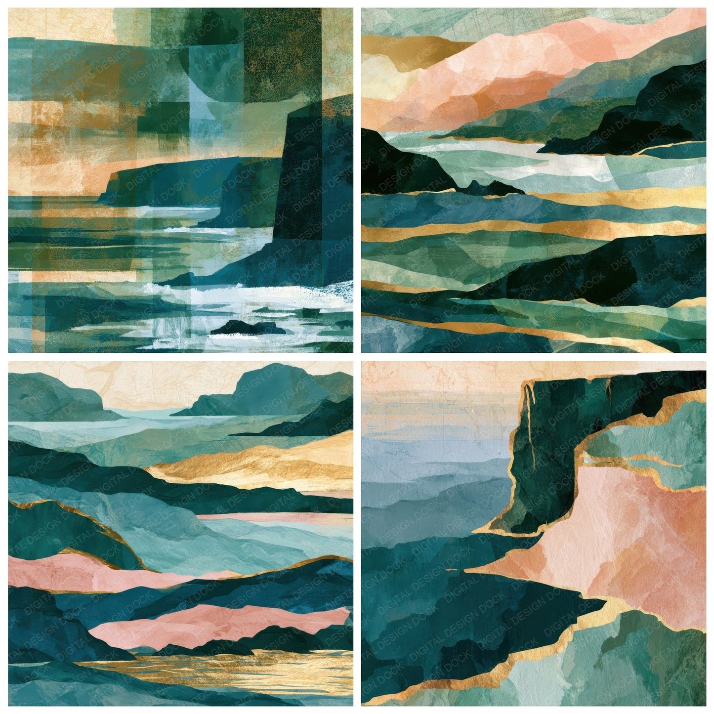 Gouache Coastal Cliffs Dewy Green Seamless Digital Paper Pack (DDD012791)