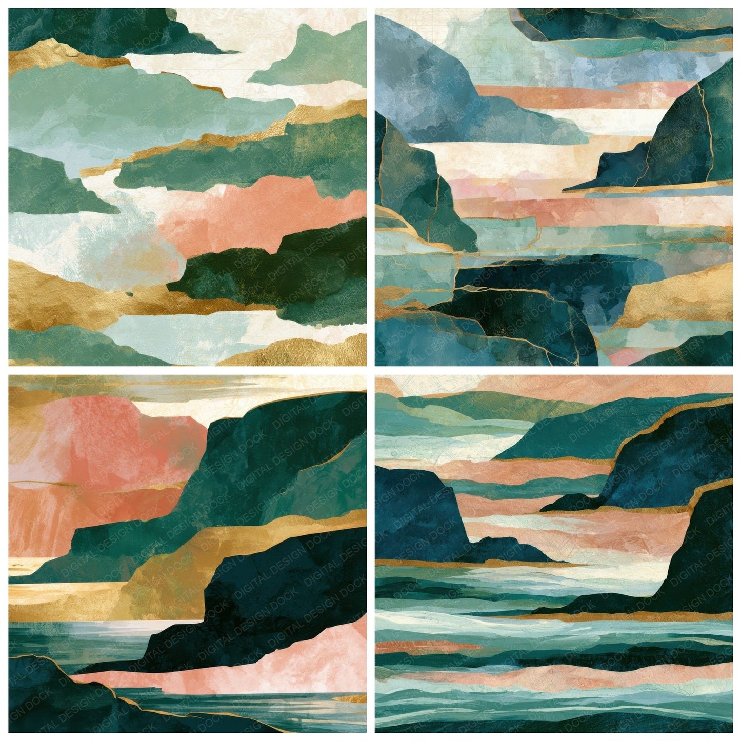 Gouache Coastal Cliffs Dewy Green Seamless Digital Paper Pack (DDD012791)