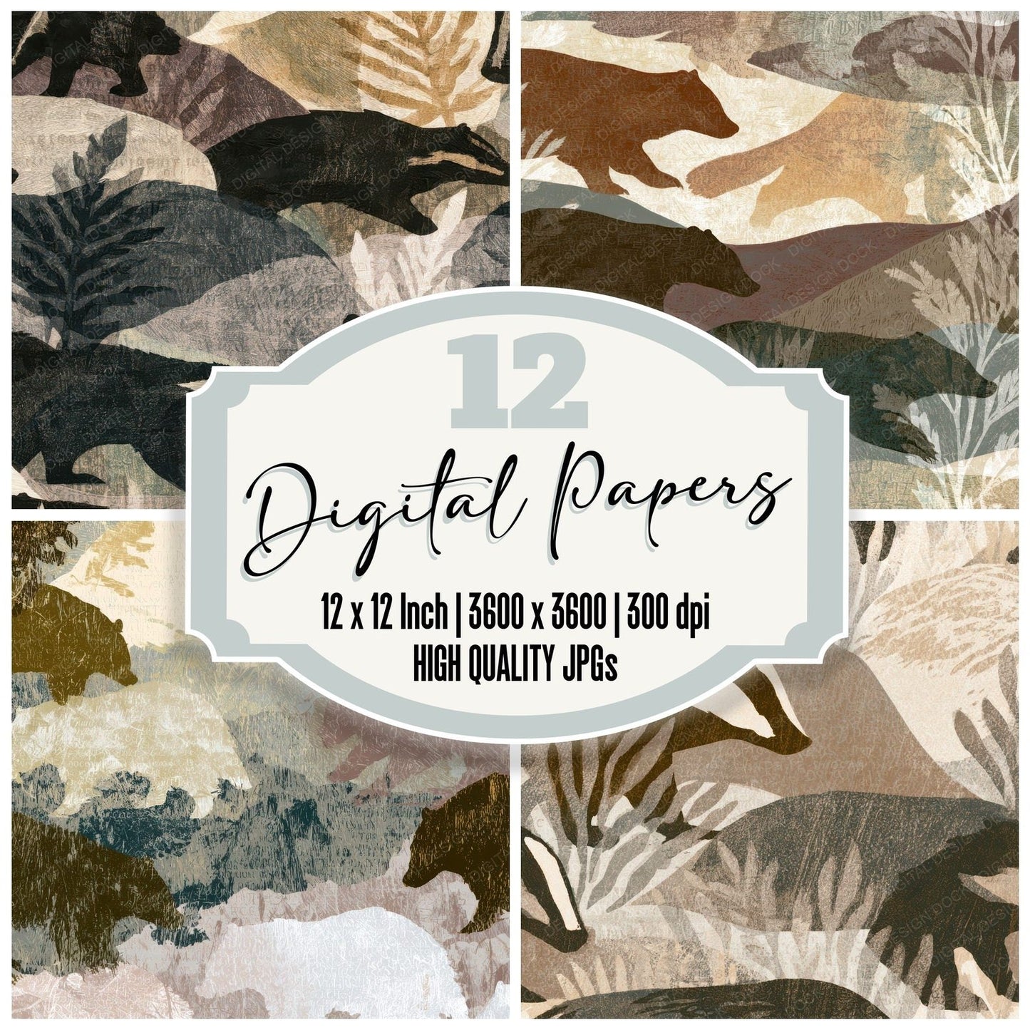 Woodcut Badger Mushroom Ivory Digital Paper Pack (DDD012799)