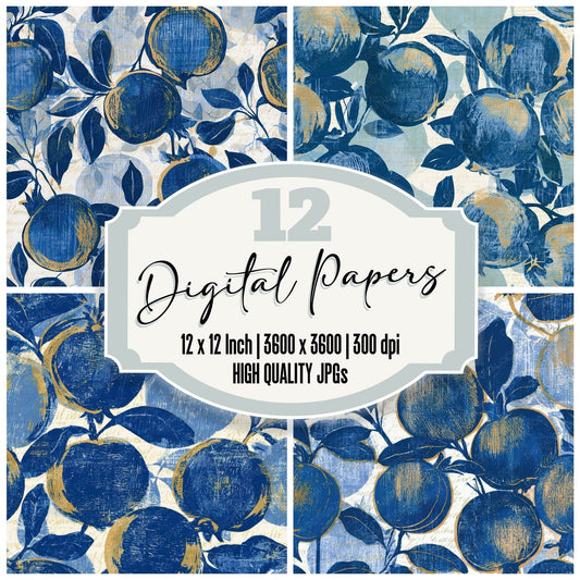 Woodcut Quince Indigo Ivory Digital Paper Pack (DDD012802)