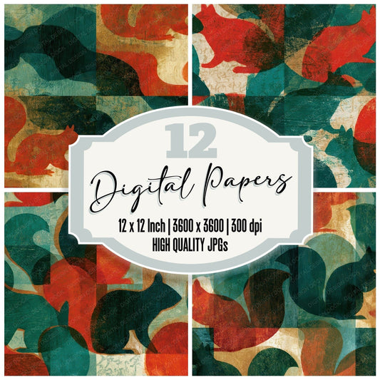 Woodcut Red Squirrel Emerald Digital Paper Pack (DDD012803)
