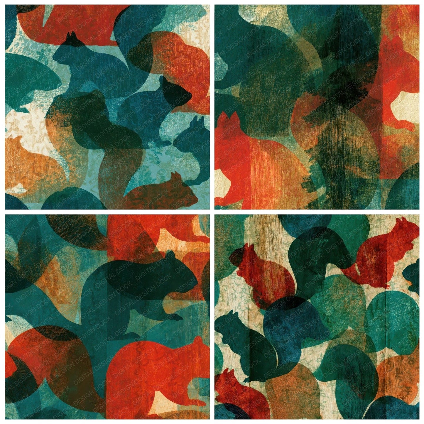 Woodcut Red Squirrel Emerald Digital Paper Pack (DDD012803)