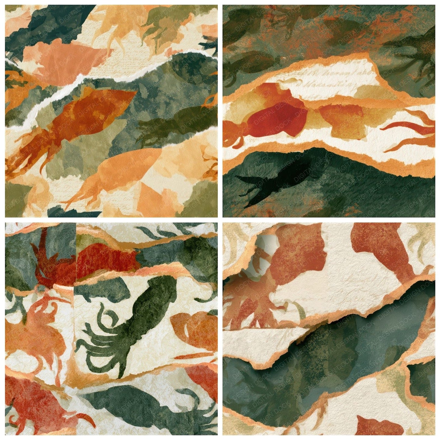Collage Squid Rust Moss Seamless Digital Paper Pack (DDD012807)