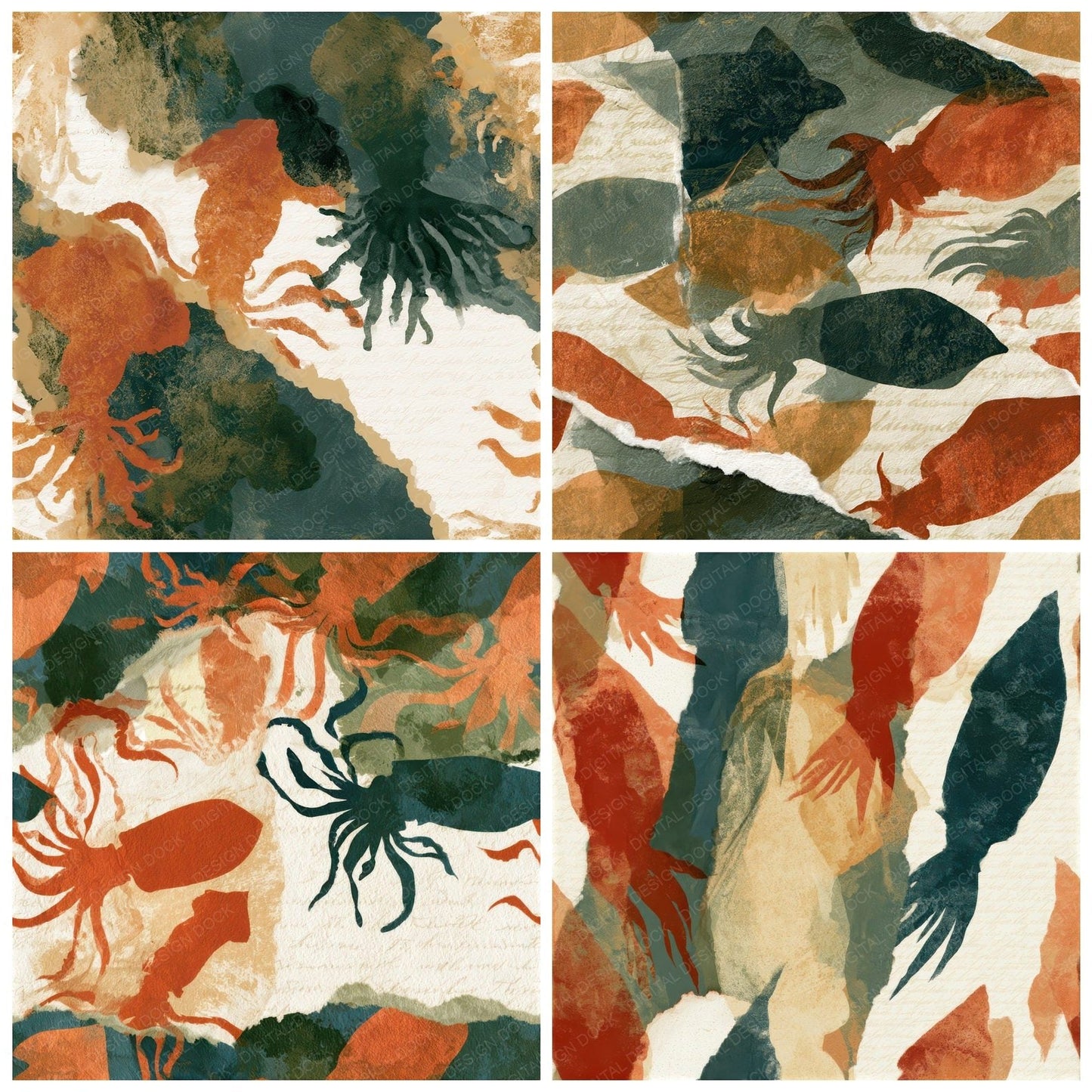 Collage Squid Rust Moss Seamless Digital Paper Pack (DDD012807)
