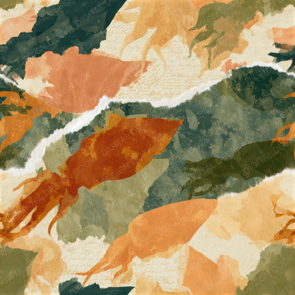 Collage Squid Rust Moss Seamless Digital Paper Pack (DDD012807)