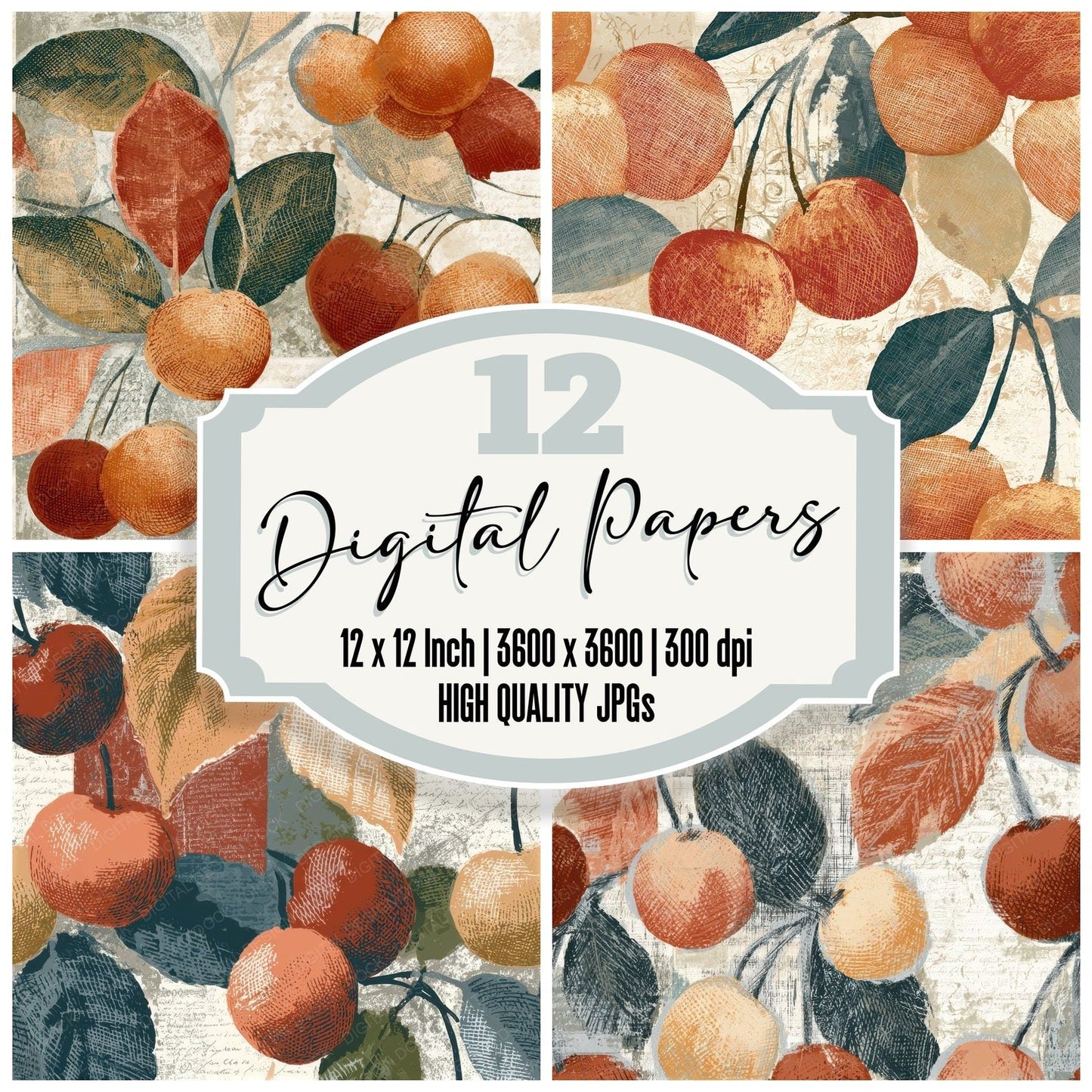 Engraving Cherries Terracotta Seamless Digital Paper Pack (DDD012809)