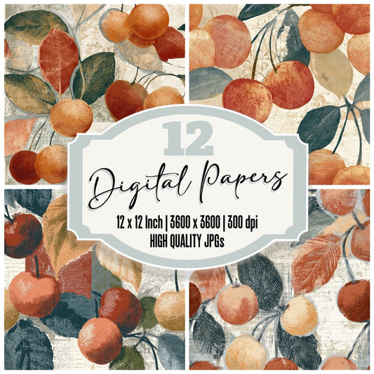 Engraving Cherries Terracotta Seamless Digital Paper Pack (DDD012809)