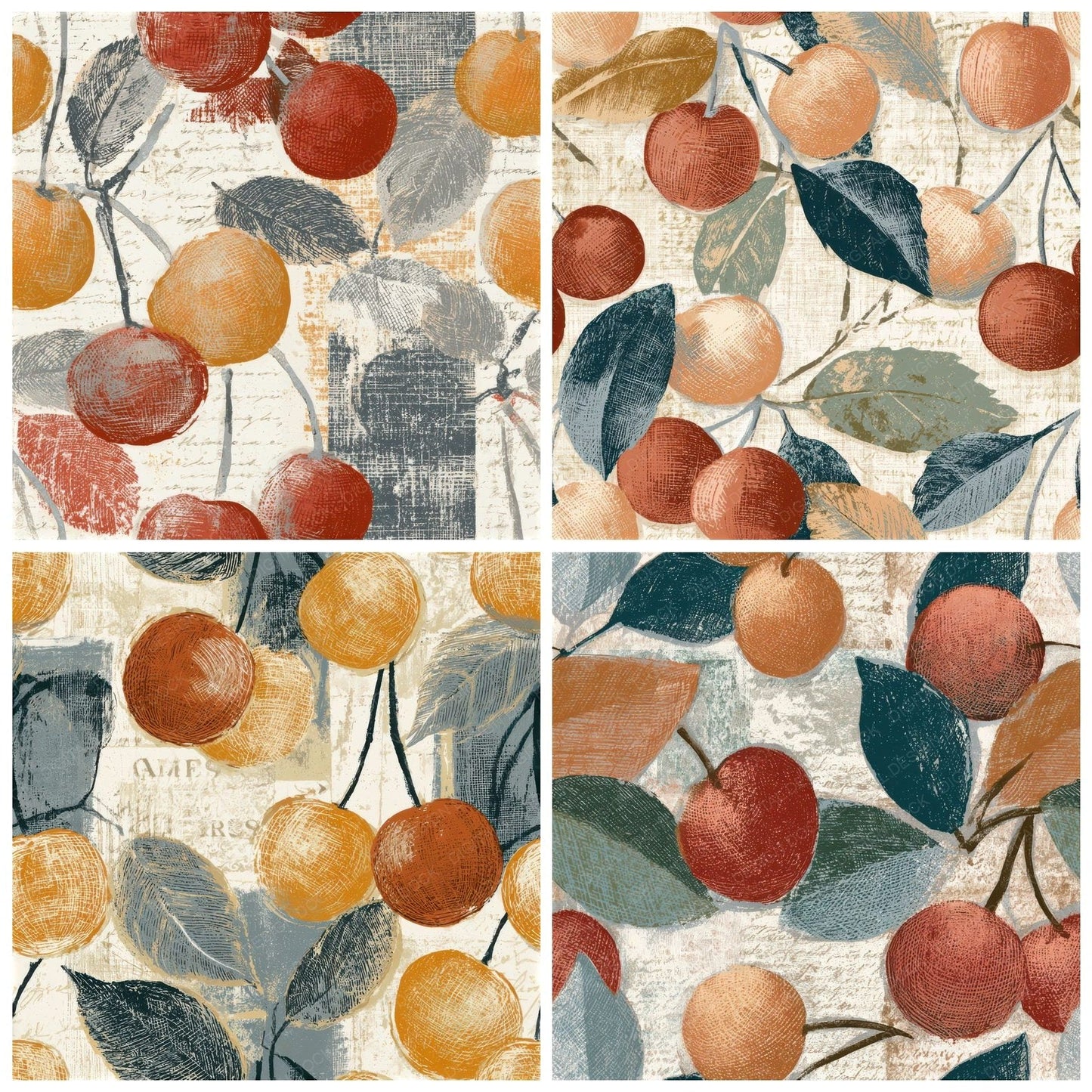 Engraving Cherries Terracotta Seamless Digital Paper Pack (DDD012809)