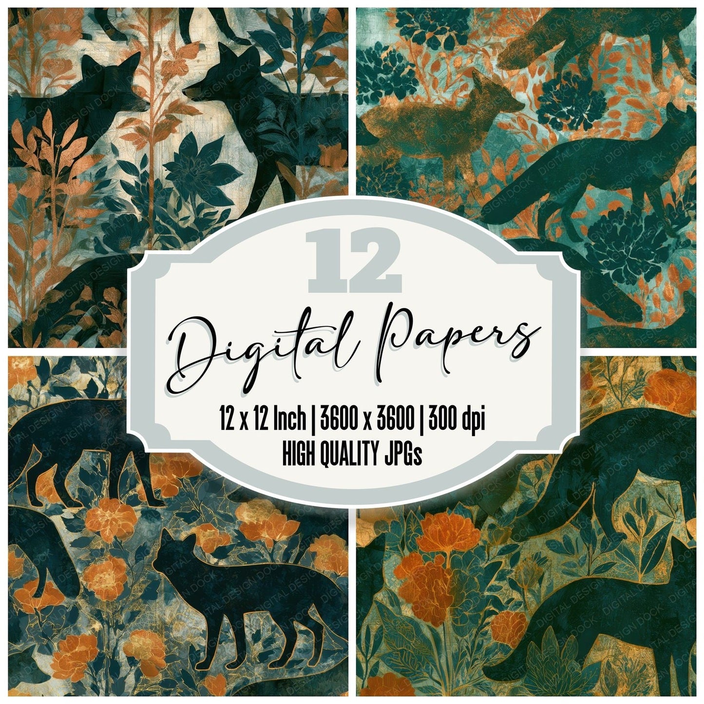 Gouache Fox Midnight Copper Seamless Digital Paper Pack (DDD012811)