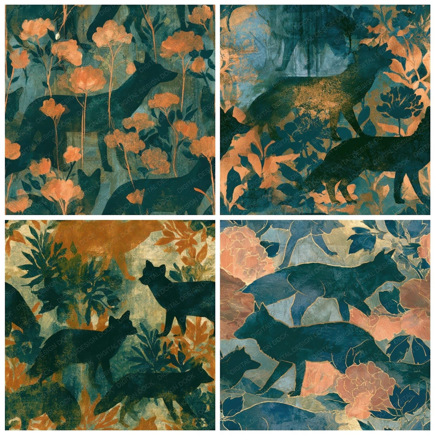 Gouache Fox Midnight Copper Seamless Digital Paper Pack (DDD012811)