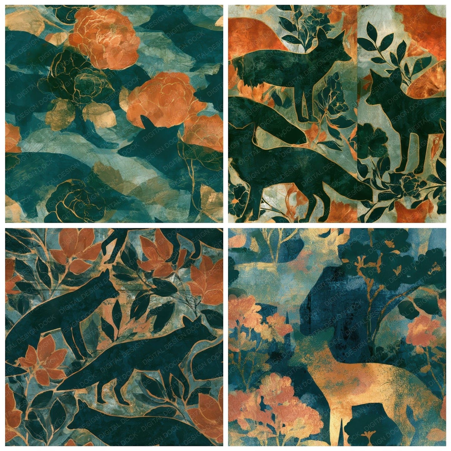 Gouache Fox Midnight Copper Seamless Digital Paper Pack (DDD012811)