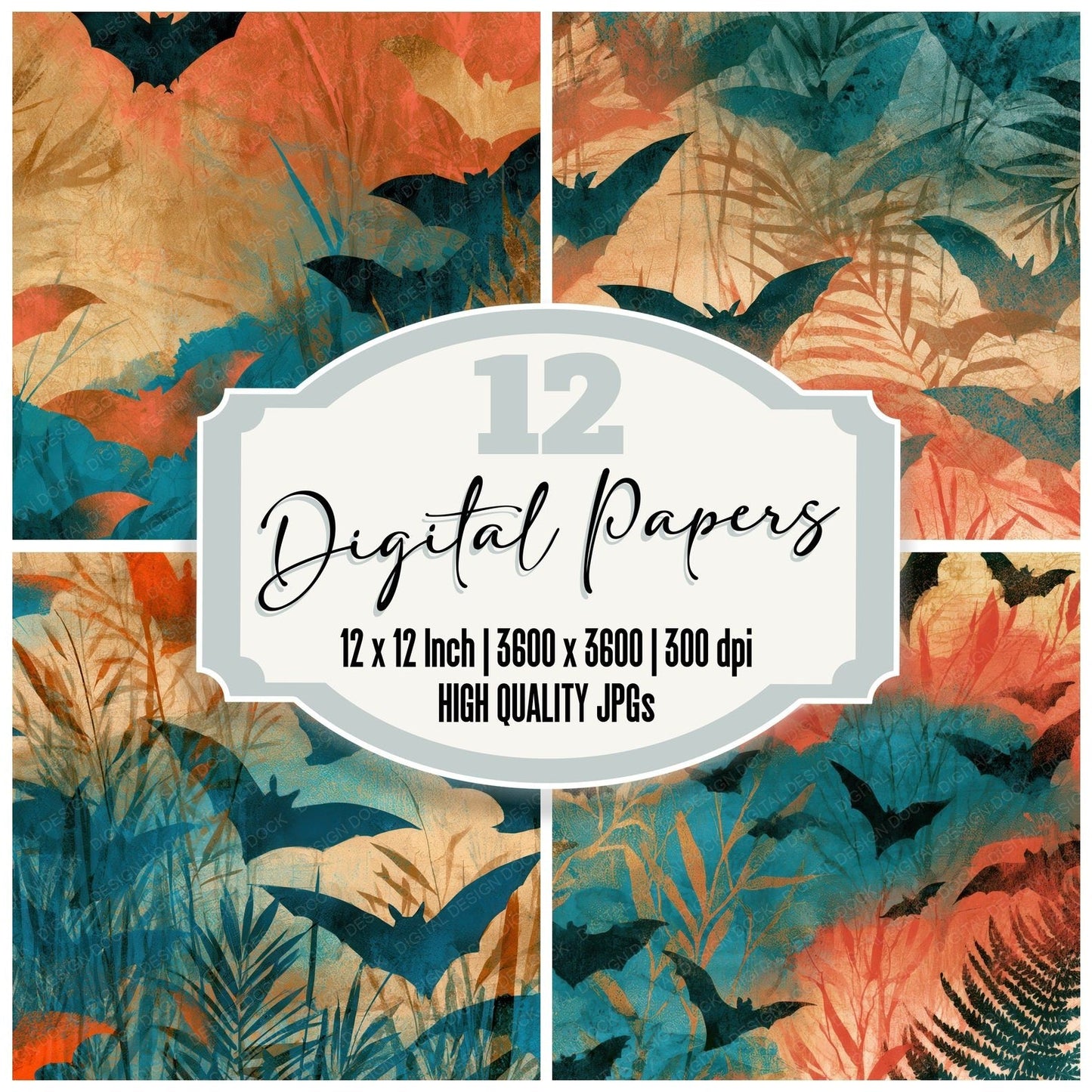 Ink Wash Bats Coral Turquoise Digital Paper Pack (DDD012816)