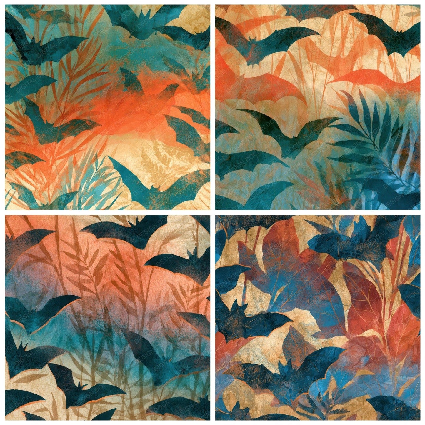 Ink Wash Bats Coral Turquoise Digital Paper Pack (DDD012816)