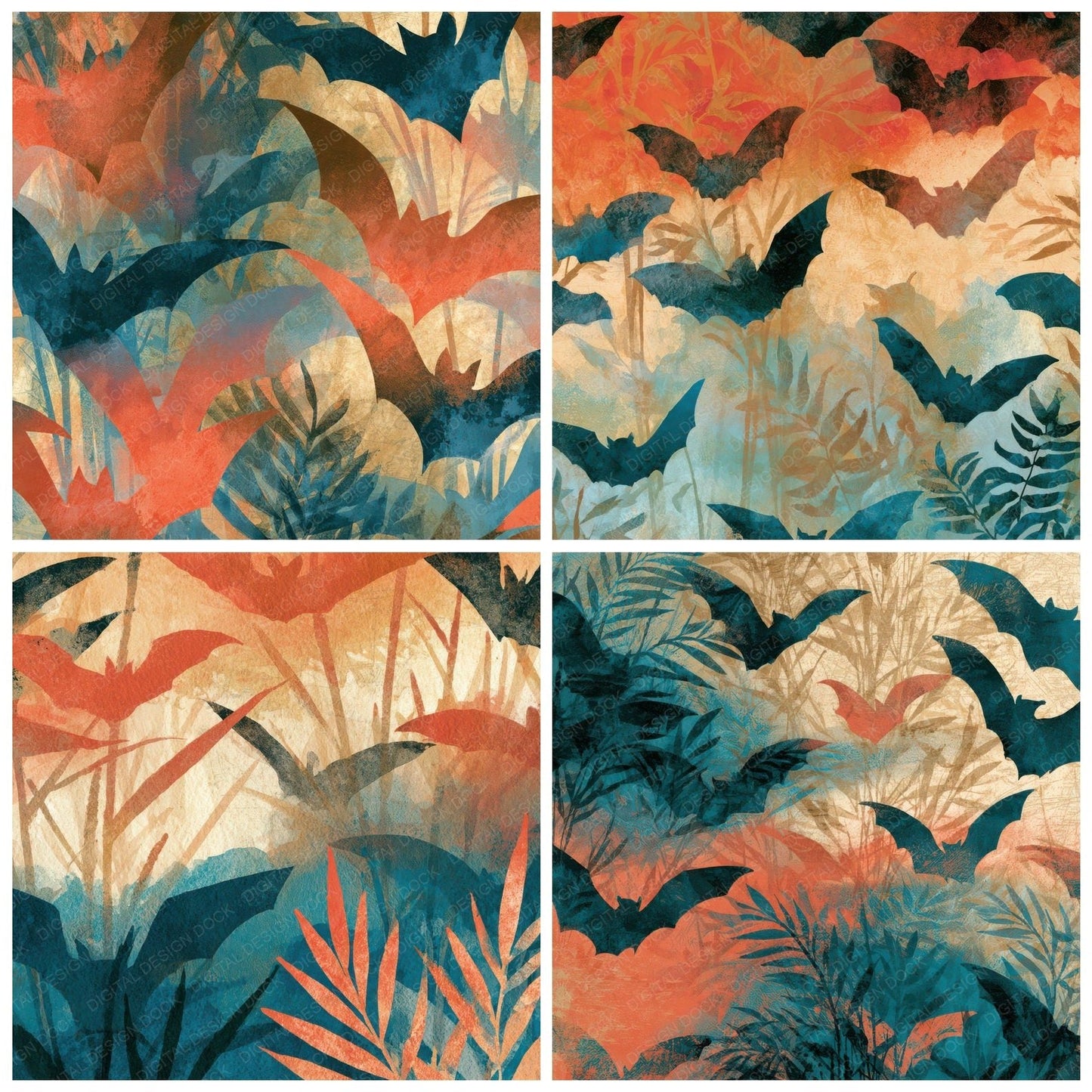 Ink Wash Bats Coral Turquoise Digital Paper Pack (DDD012816)