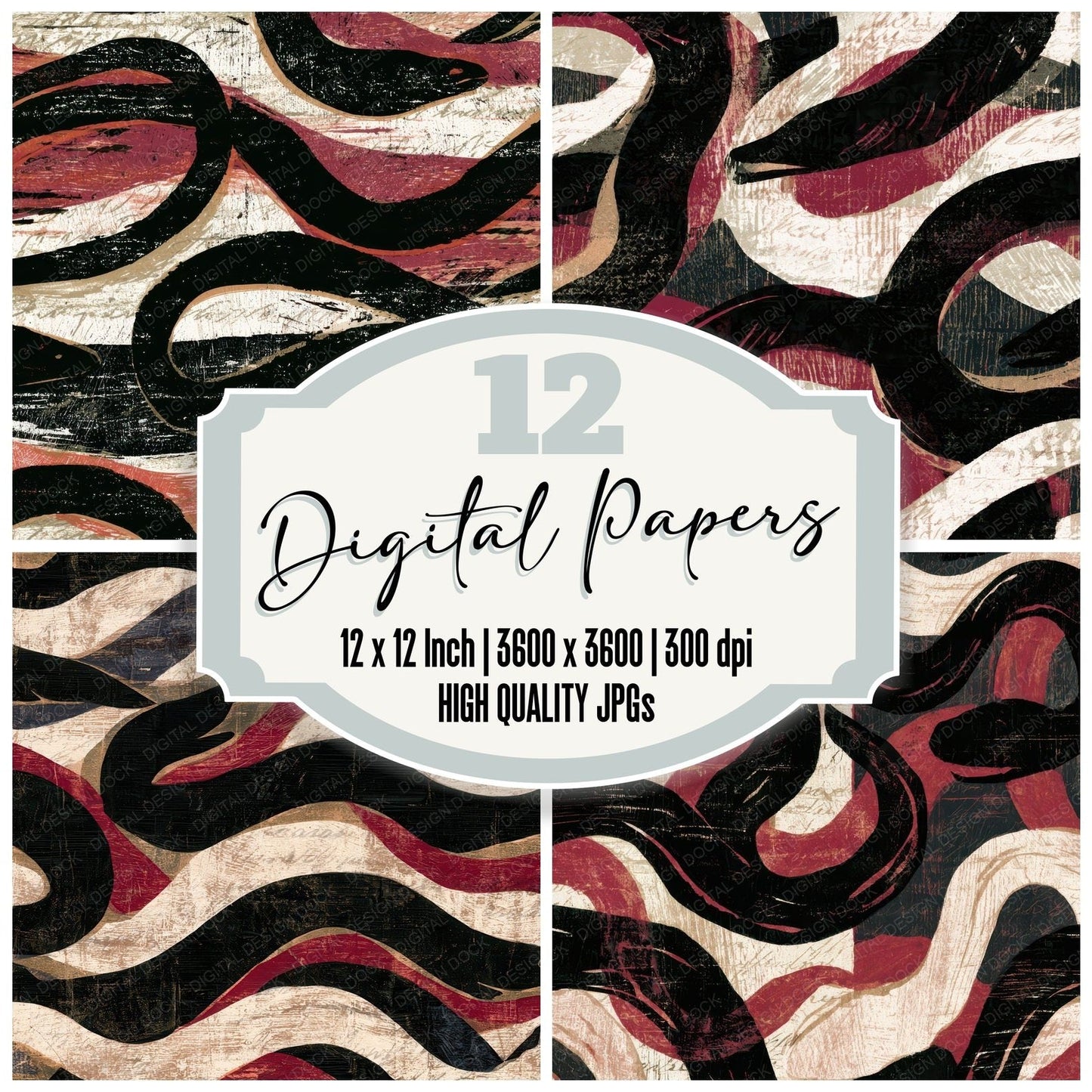 Woodcut Eel Oxblood Ivory Digital Paper Pack (DDD012820)