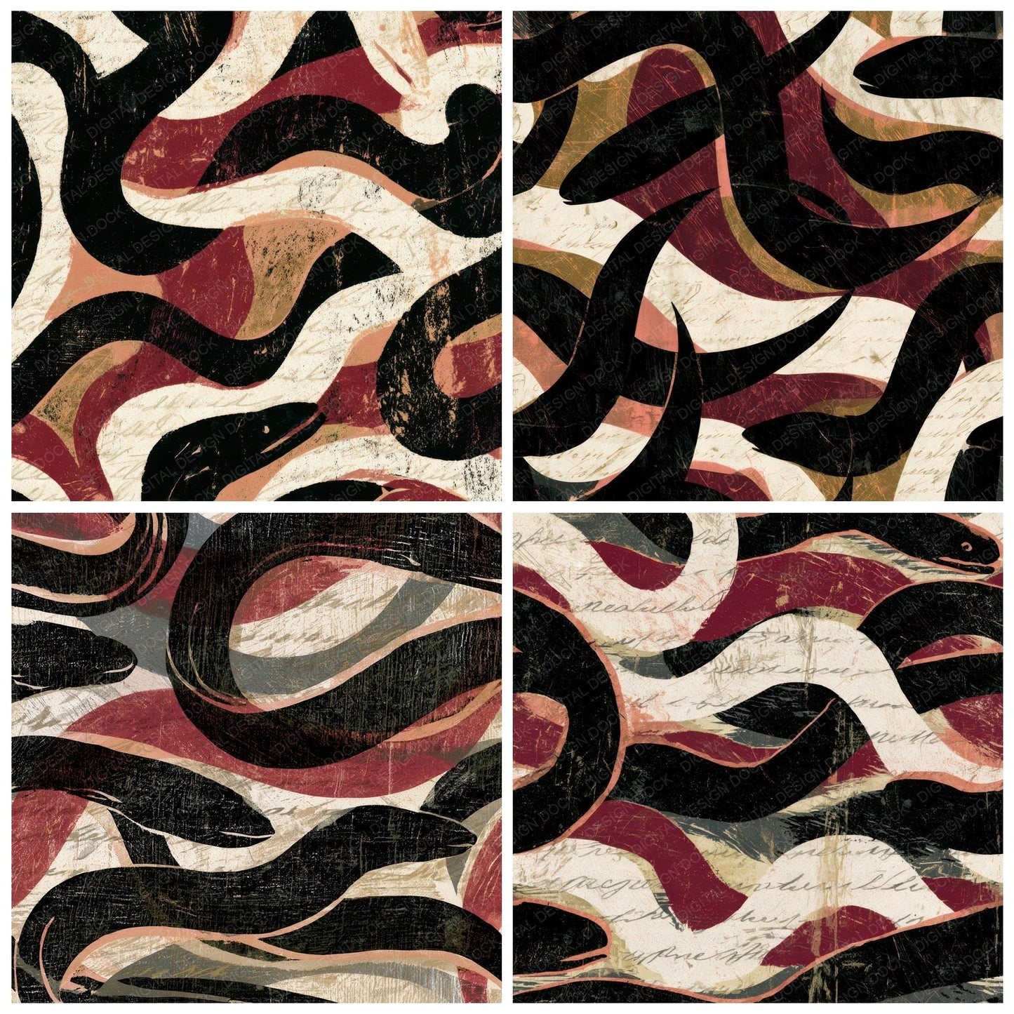 Woodcut Eel Oxblood Ivory Digital Paper Pack (DDD012820)