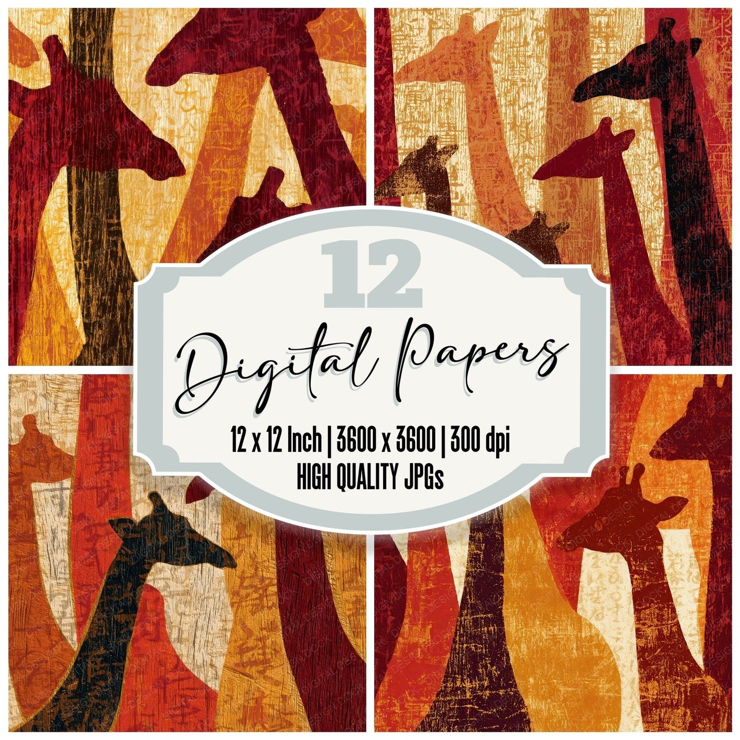 Woodcut Giraffe Cinnamon Burgundy Digital Paper Pack (DDD012821)