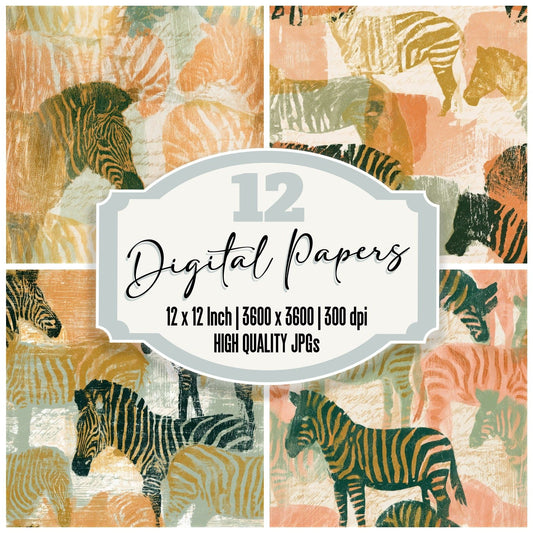 Woodcut Zebra Apricot Pistachio Seamless Digital Paper Pack (DDD012822)