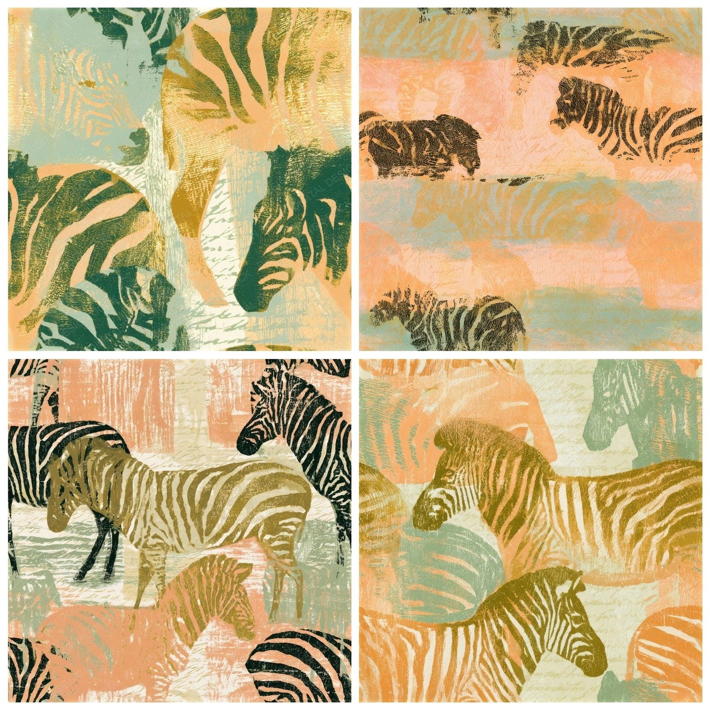 Woodcut Zebra Apricot Pistachio Seamless Digital Paper Pack (DDD012822)