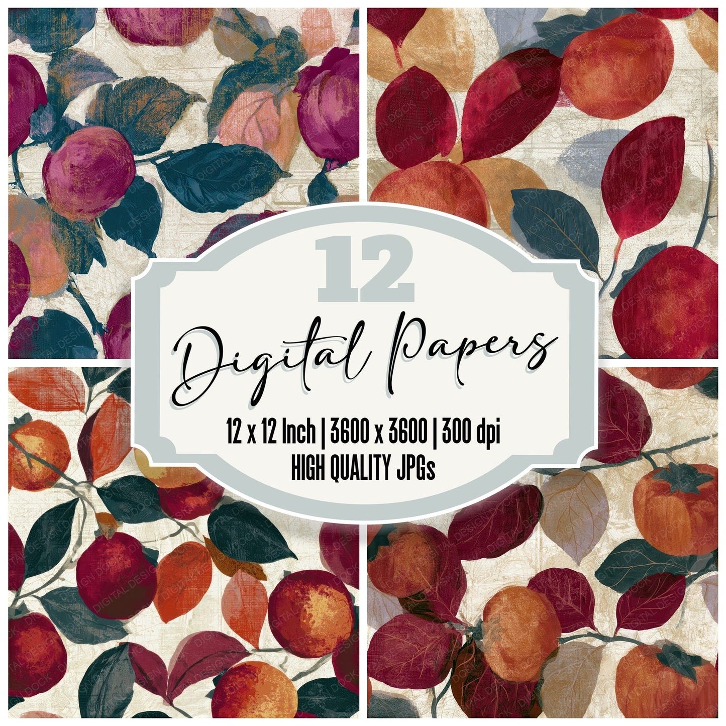 Antique Botanical Persimmon Garnet Seamless Digital Paper Pack (DDD012825)