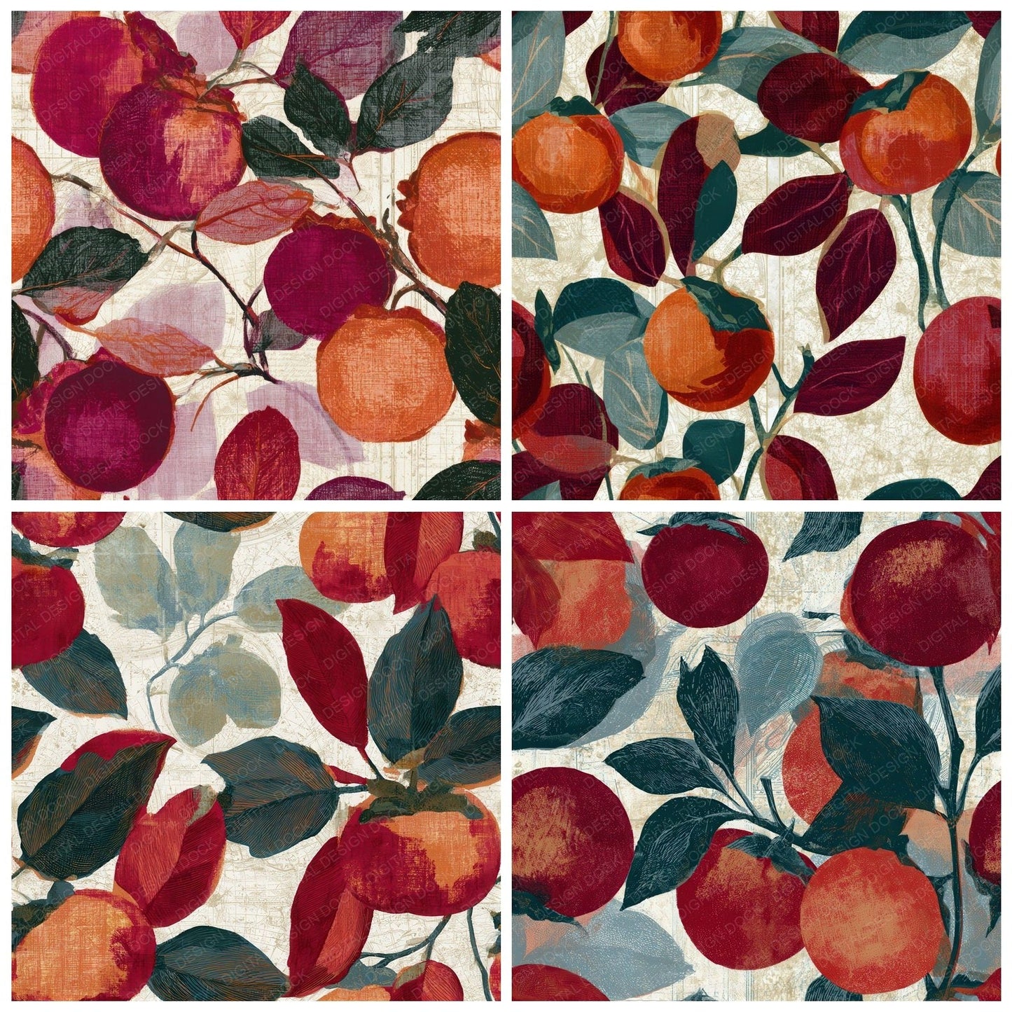 Antique Botanical Persimmon Garnet Seamless Digital Paper Pack (DDD012825)