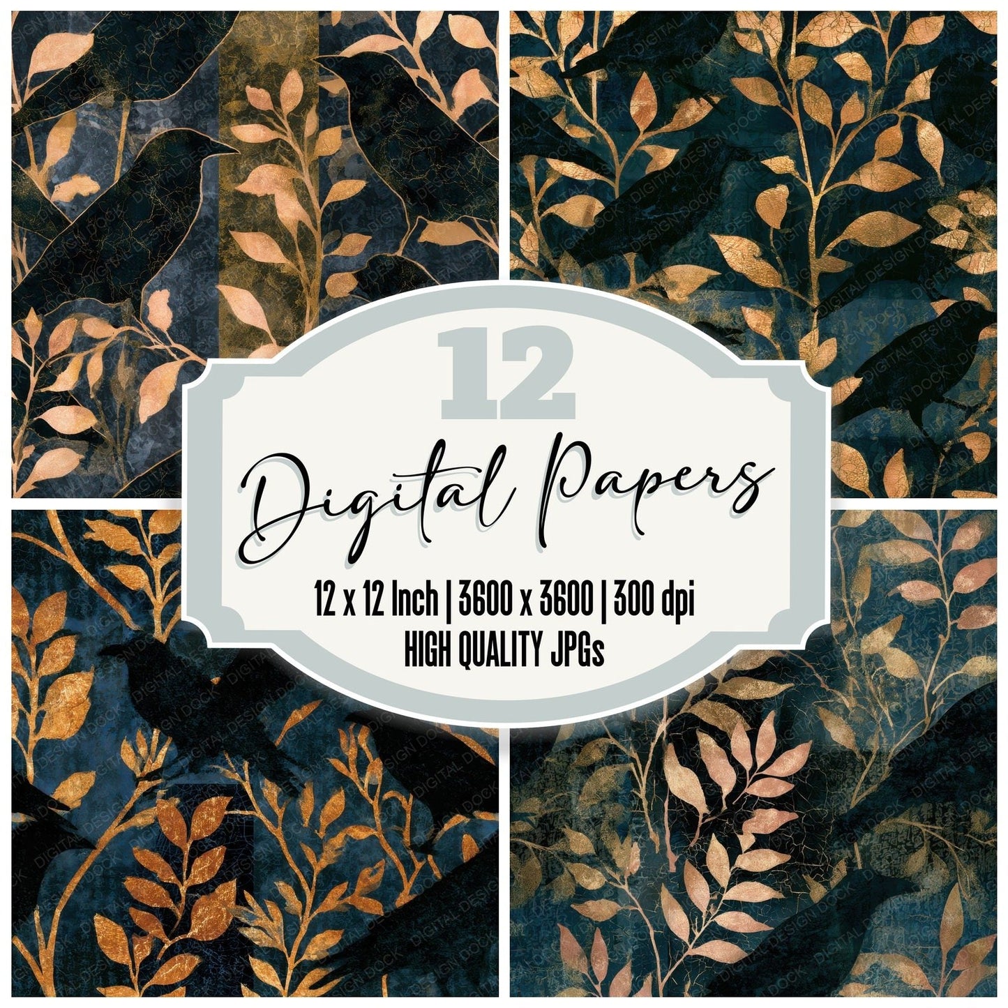 Batik Raven Gold Ink Seamless Digital Paper Pack (DDD012826)