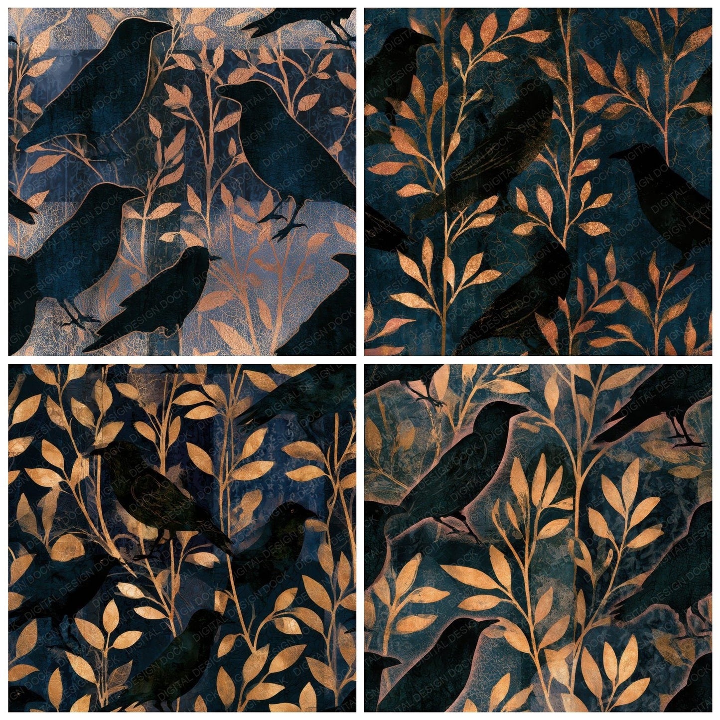 Batik Raven Gold Ink Seamless Digital Paper Pack (DDD012826)