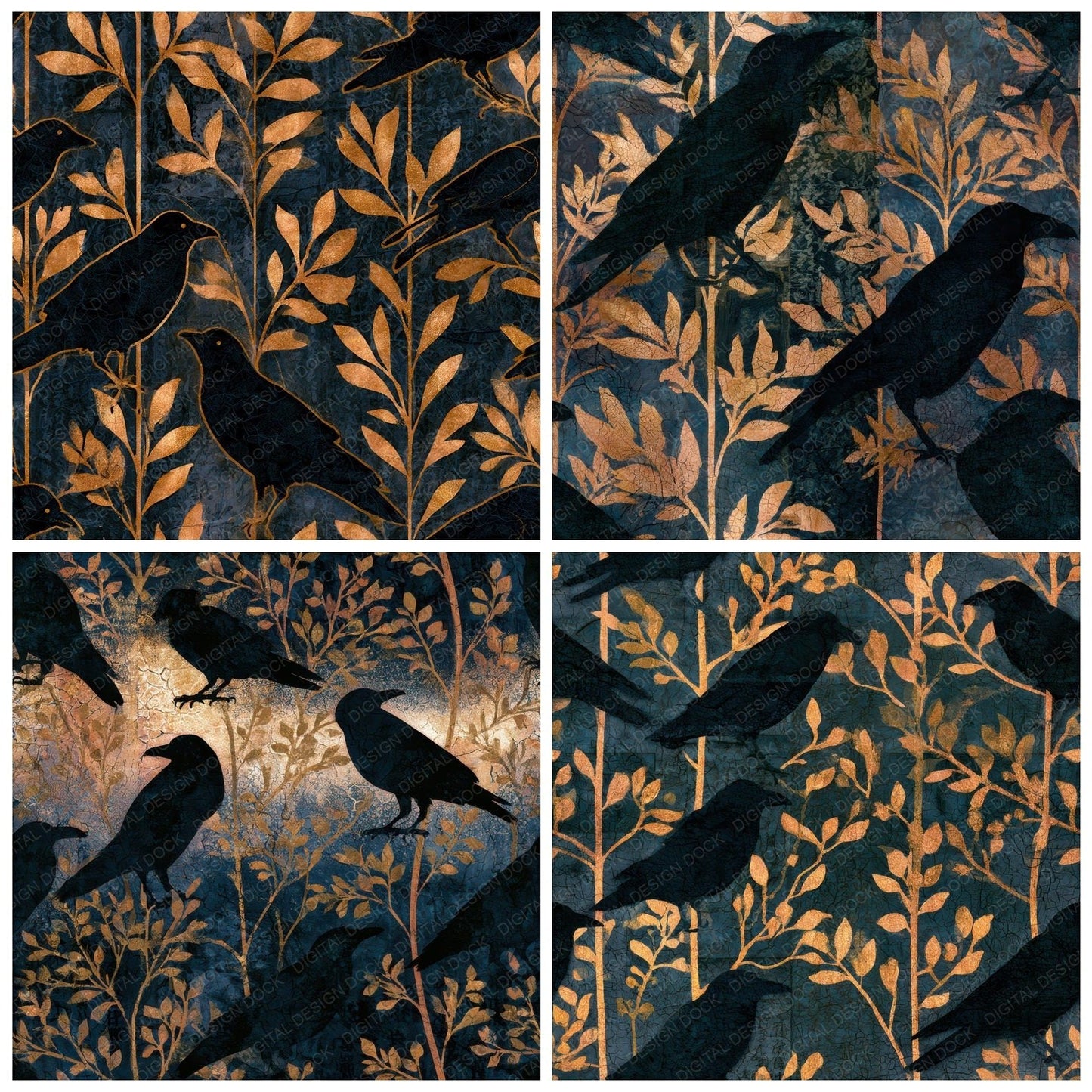 Batik Raven Gold Ink Seamless Digital Paper Pack (DDD012826)