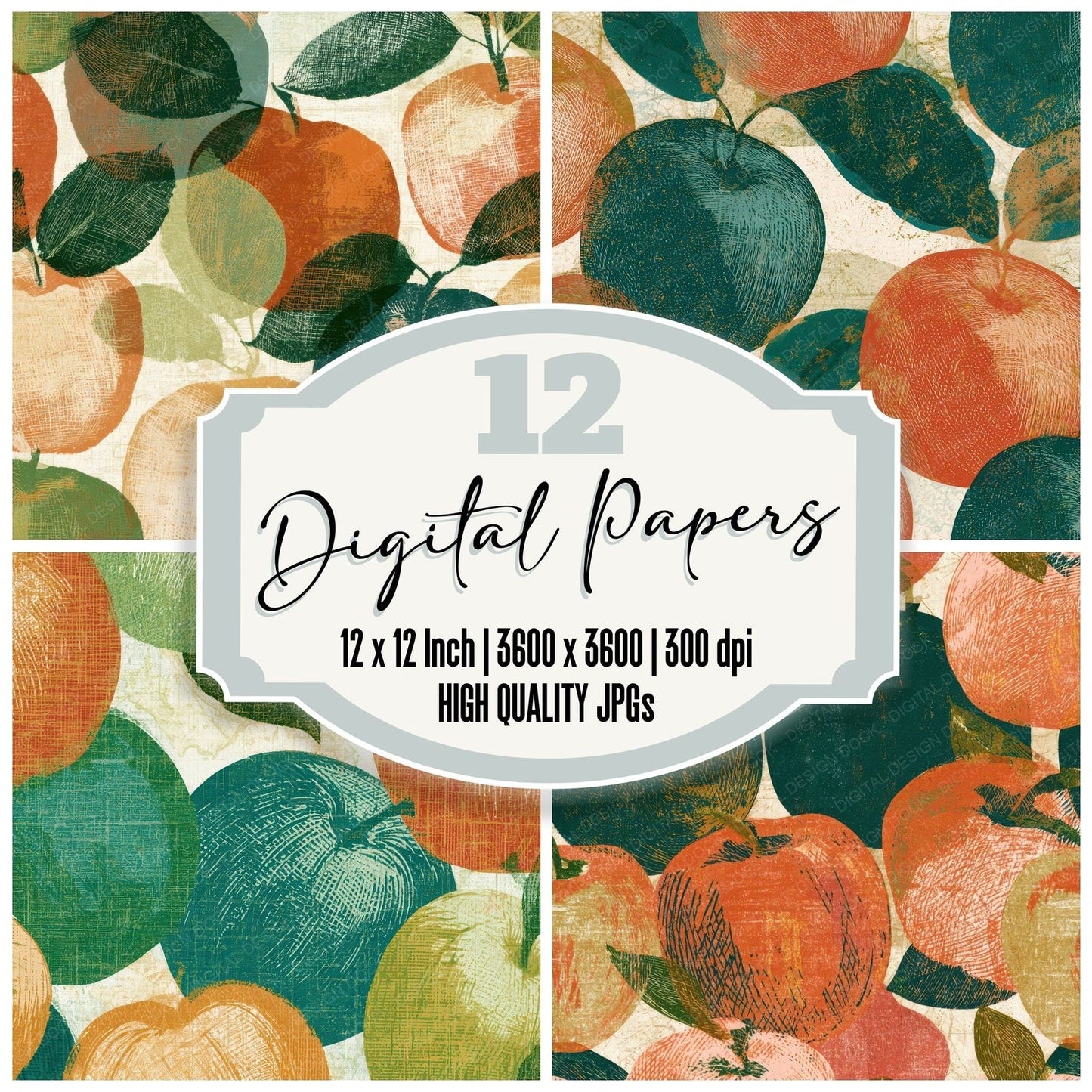 Engraving Apple Papaya Jade Digital Paper Pack (DDD012831)