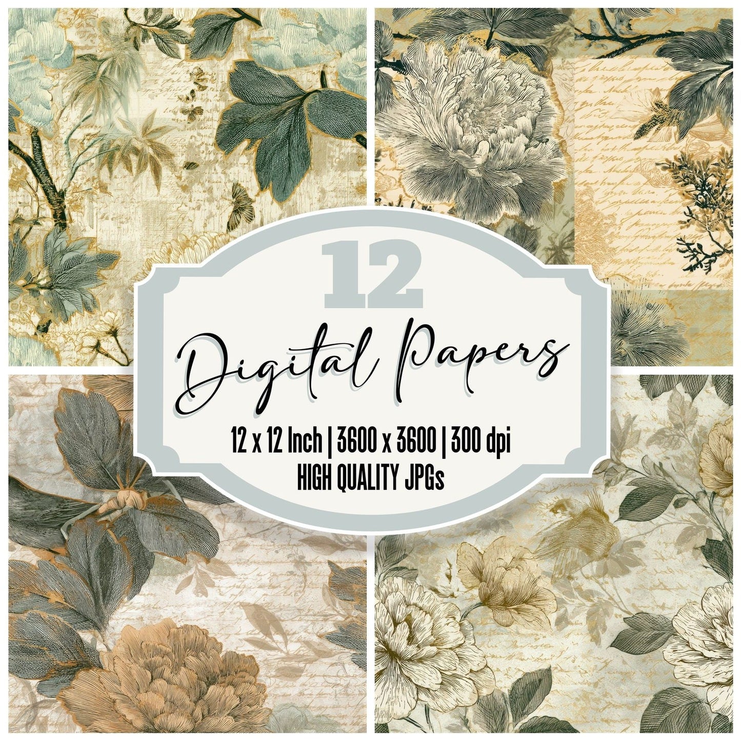 Engraving Chinoiserie Florals Amber Sage Seamless Digital Paper Pack (DDD012832)