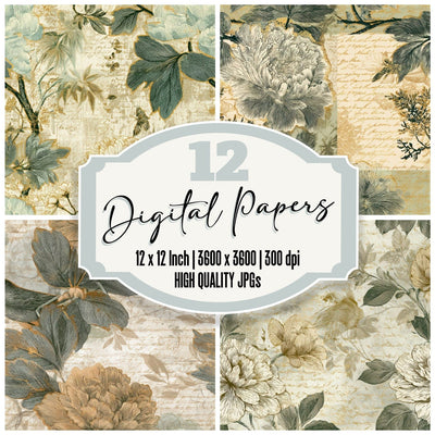 Engraving Chinoiserie Florals Amber Sage Seamless Digital Paper Pack (DDD012832)