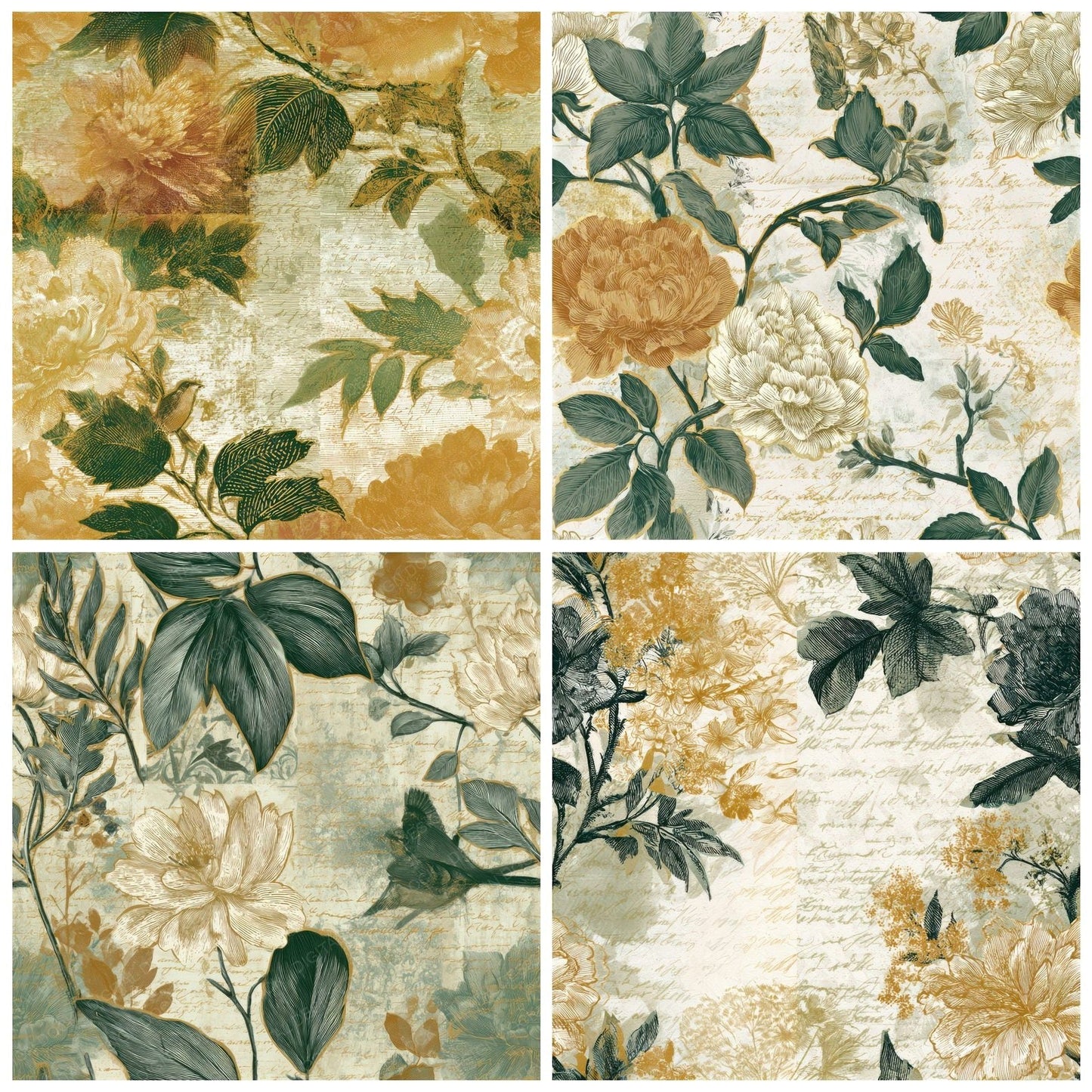 Engraving Chinoiserie Florals Amber Sage Seamless Digital Paper Pack (DDD012832)