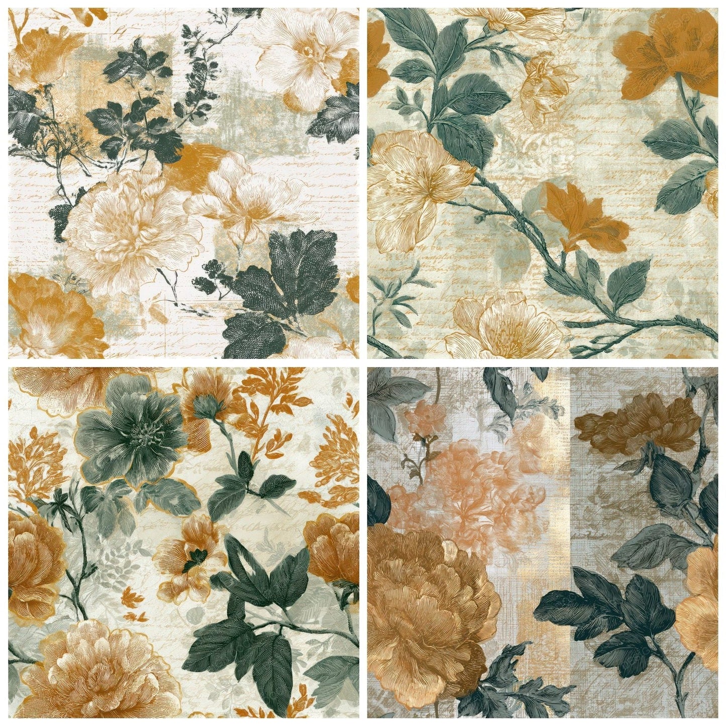 Engraving Chinoiserie Florals Amber Sage Seamless Digital Paper Pack (DDD012832)