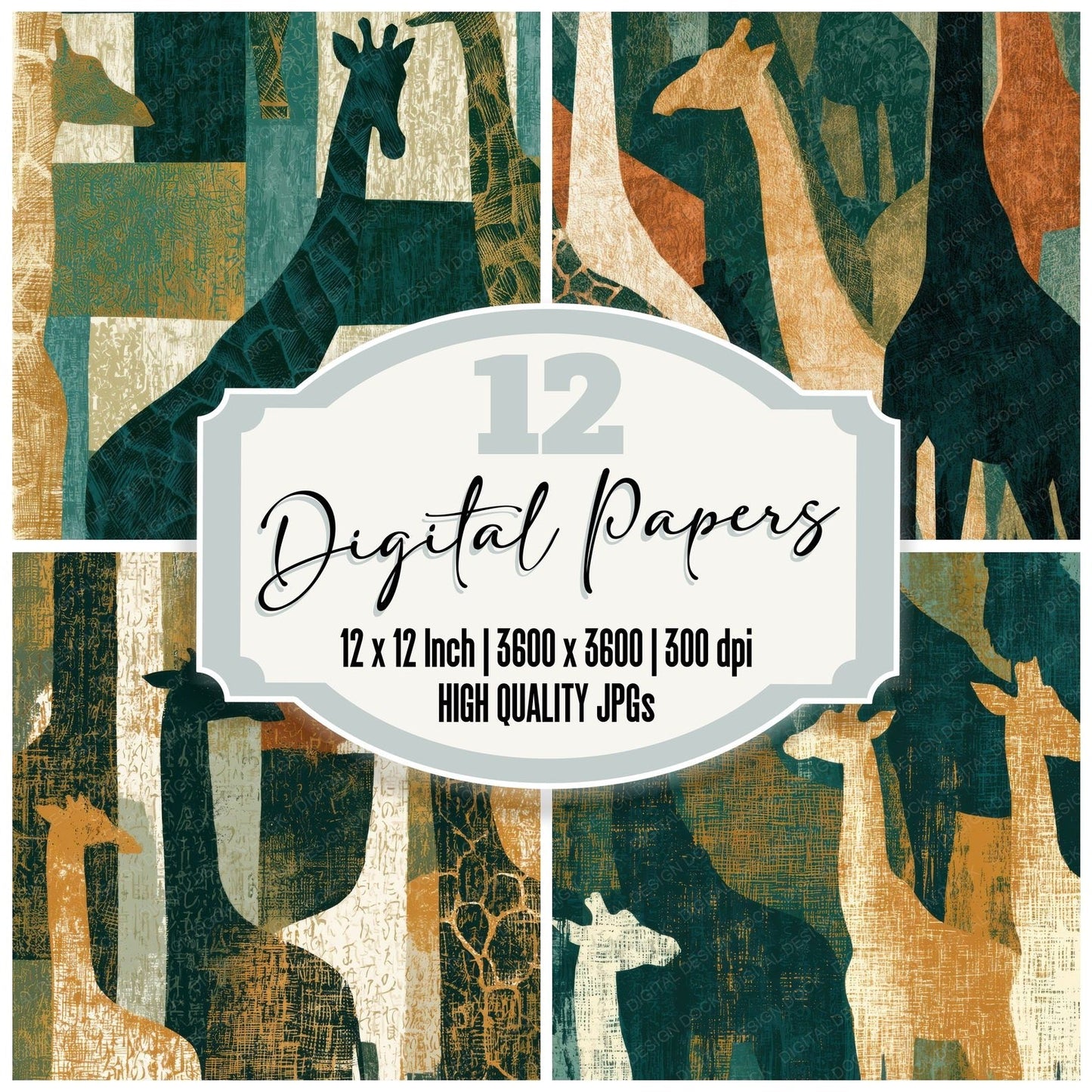 Engraving Giraffe Forest Green Bone Digital Paper Pack (DDD012833)