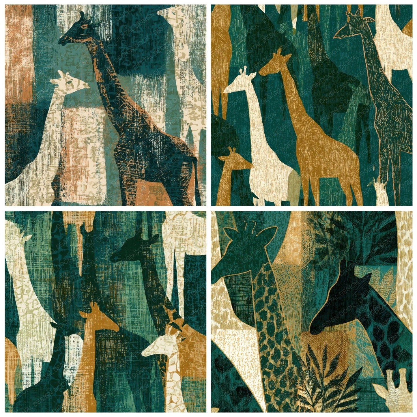 Engraving Giraffe Forest Green Bone Digital Paper Pack (DDD012833)
