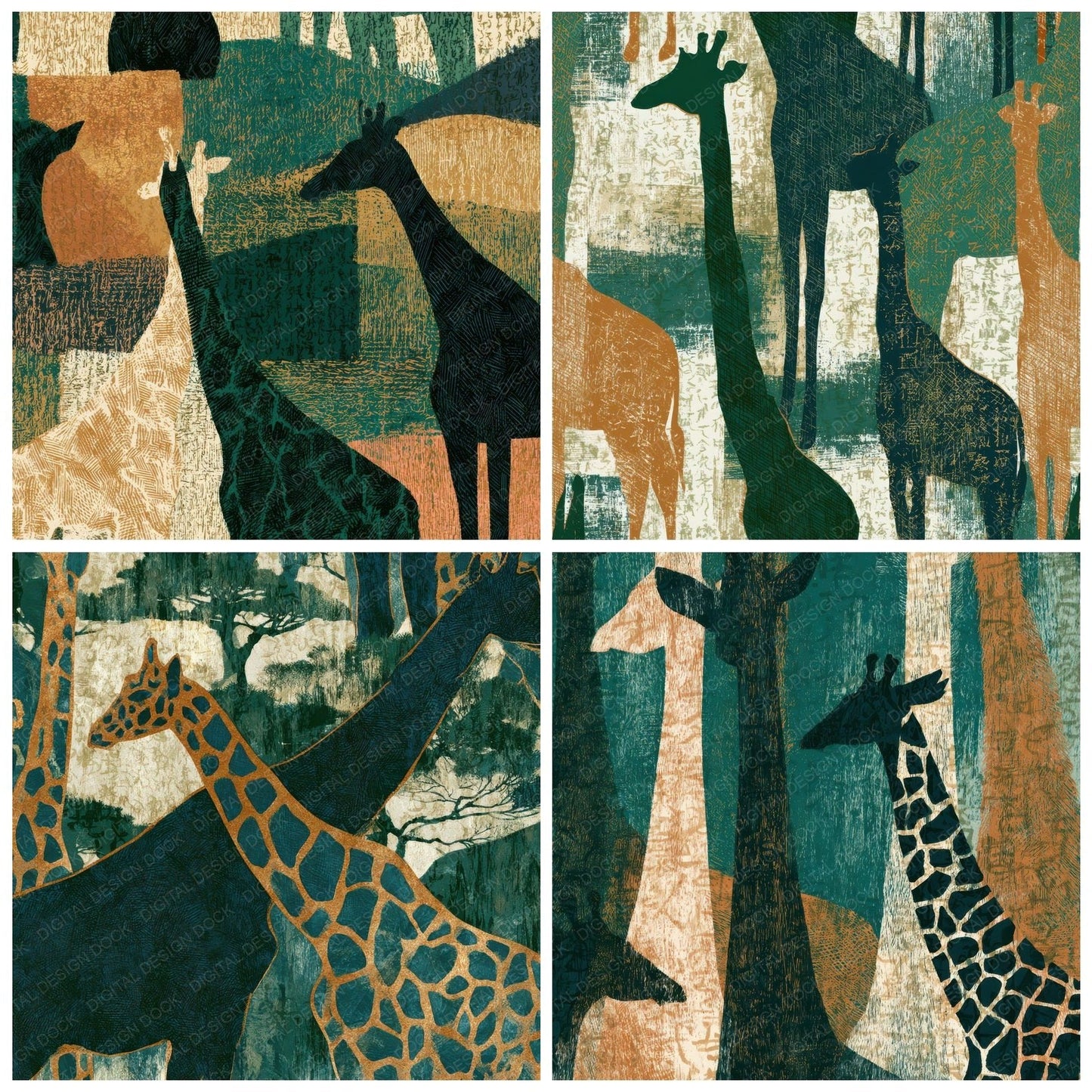 Engraving Giraffe Forest Green Bone Digital Paper Pack (DDD012833)