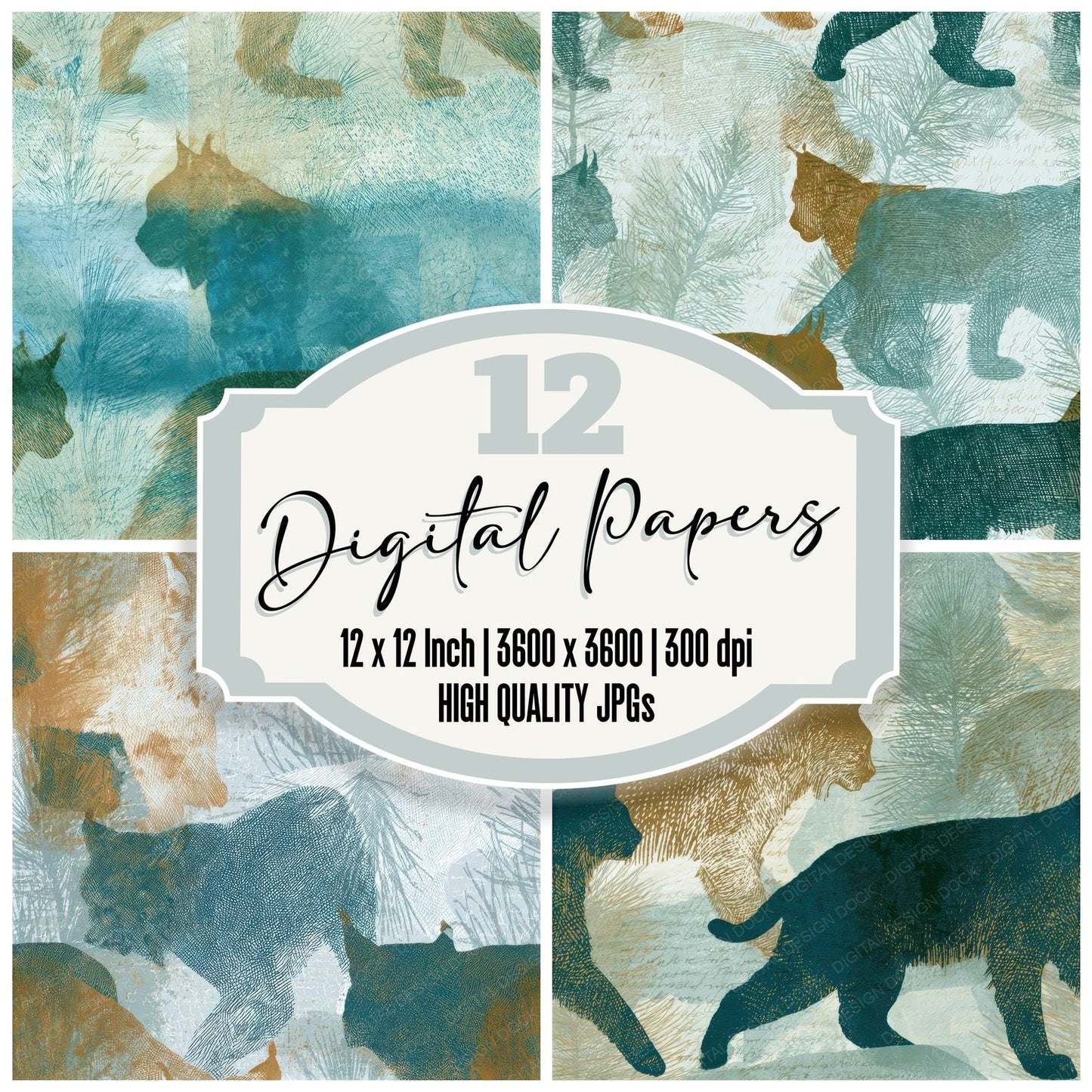 Engraving Lynx Seafoam Seamless Digital Paper Pack (DDD012835)